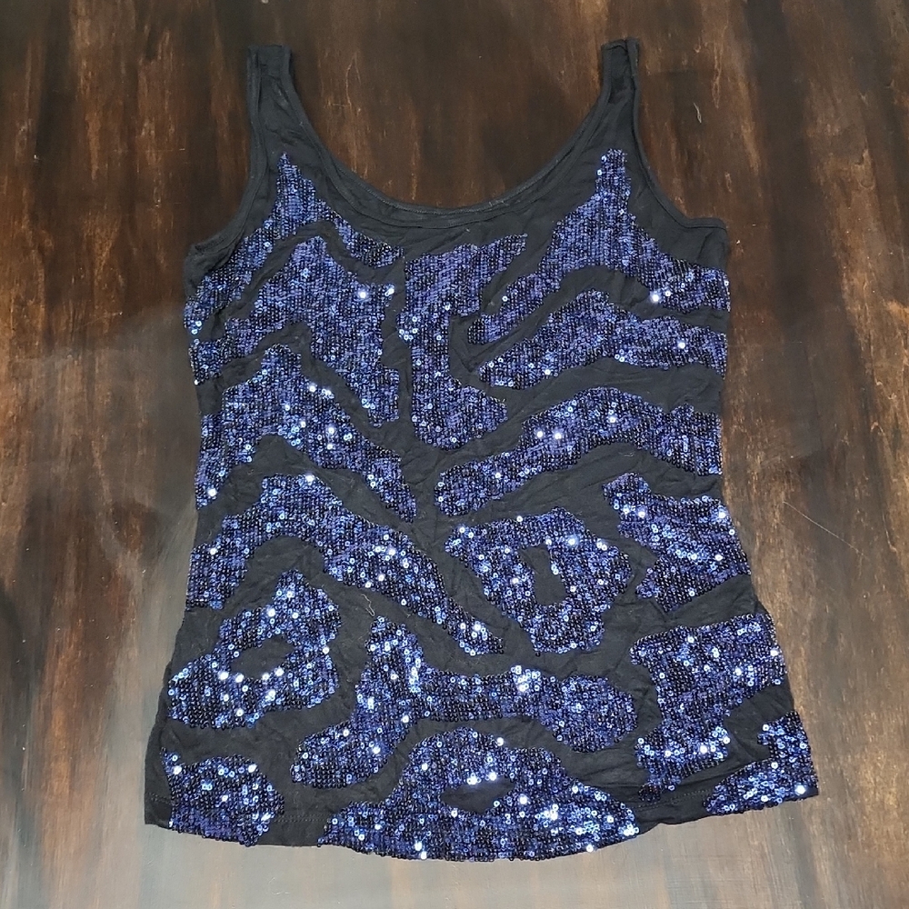 Cache Black and Blue Sequin Tank Top